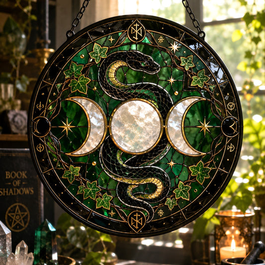 Sacred Serpent Triple Moon Glass Suncatcher - window display