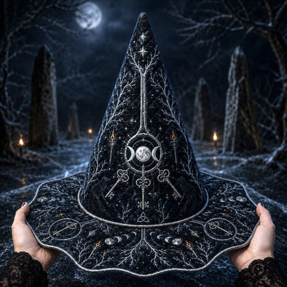 Sacred Stone Witch Hat – Triple Moon Frost Pagan Wide Brim Hat – held in both hands