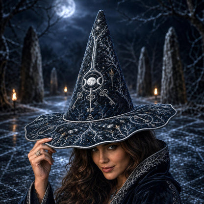 Sacred Stone Witch Hat – Triple Moon Frost Pagan Wide Brim Hat – worn, front view