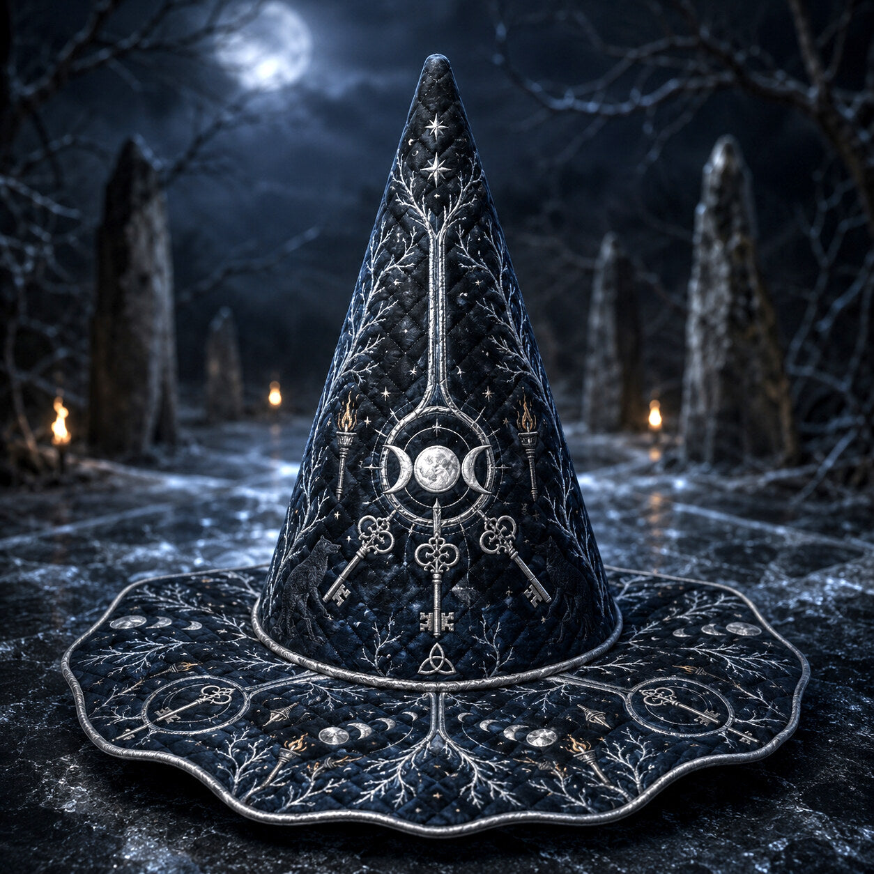 Sacred Stone Witch Hat – Triple Moon Frost Pagan Wide Brim Hat – on an altar table
