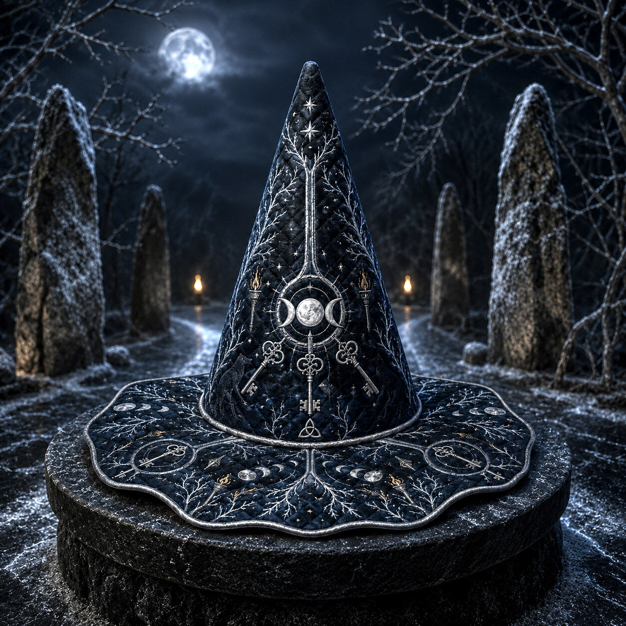 Sacred Stone Witch Hat – Triple Moon Frost Pagan Wide Brim Hat – styled with candles and crystals