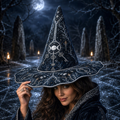 Sacred Stone Witch Hat – Triple Moon Frost Pagan Wide Brim Hat – worn, front view