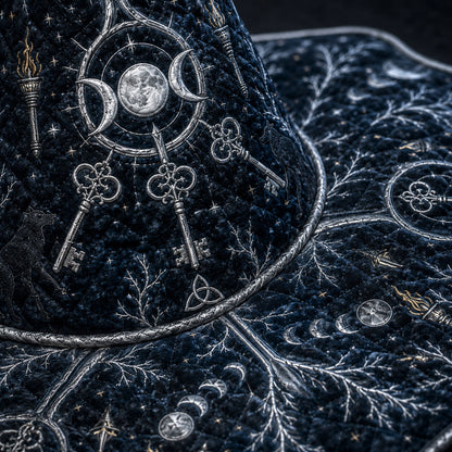 Sacred Stone Witch Hat – Triple Moon Frost Pagan Wide Brim Hat – quilting and print detail