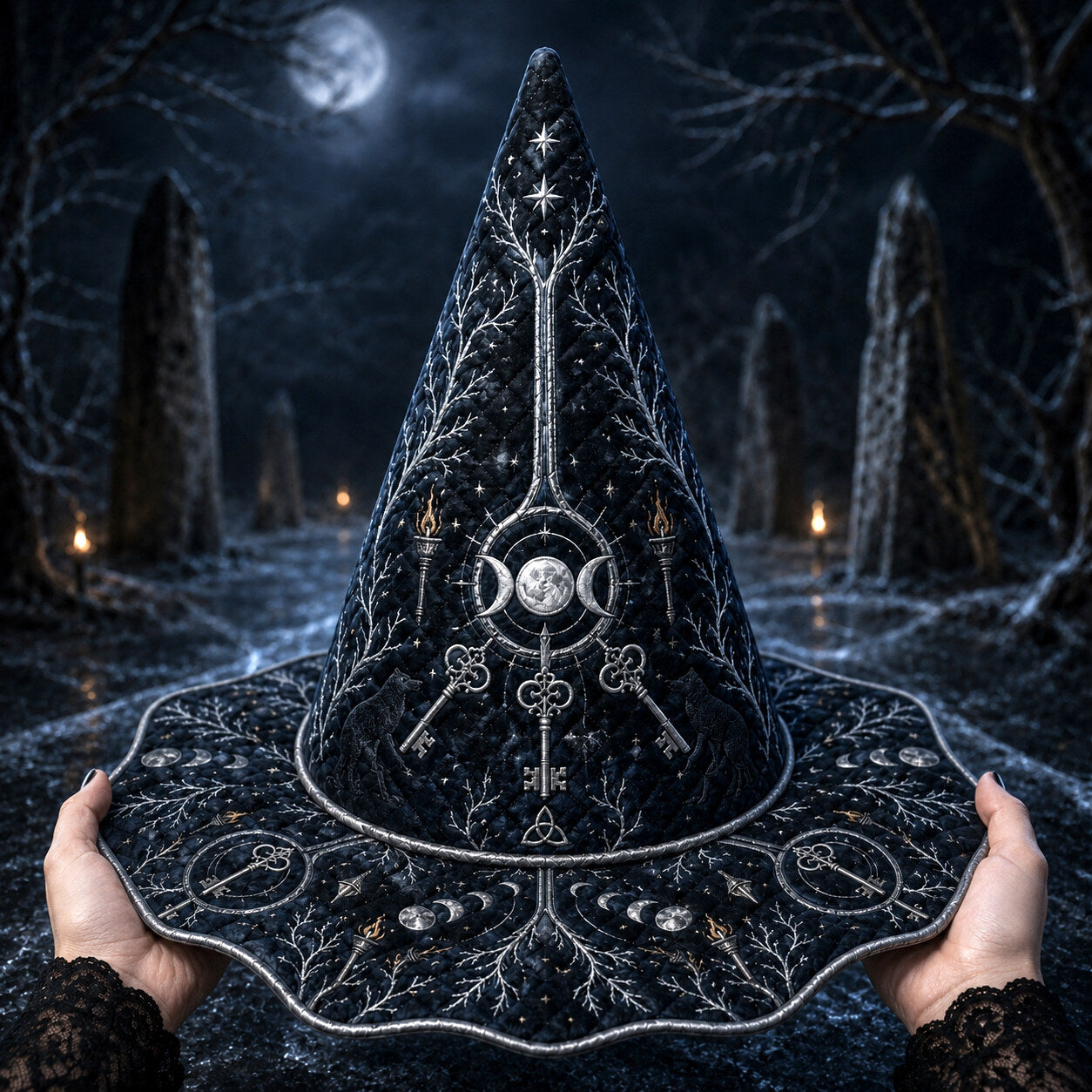Sacred Stone Witch Hat – Triple Moon Frost Pagan Wide Brim Hat – held in both hands