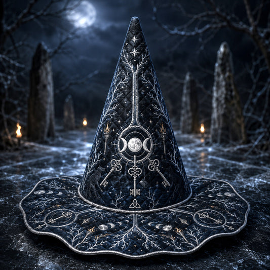 Sacred Stone Witch Hat – Triple Moon Frost Pagan Wide Brim Hat – on an altar table