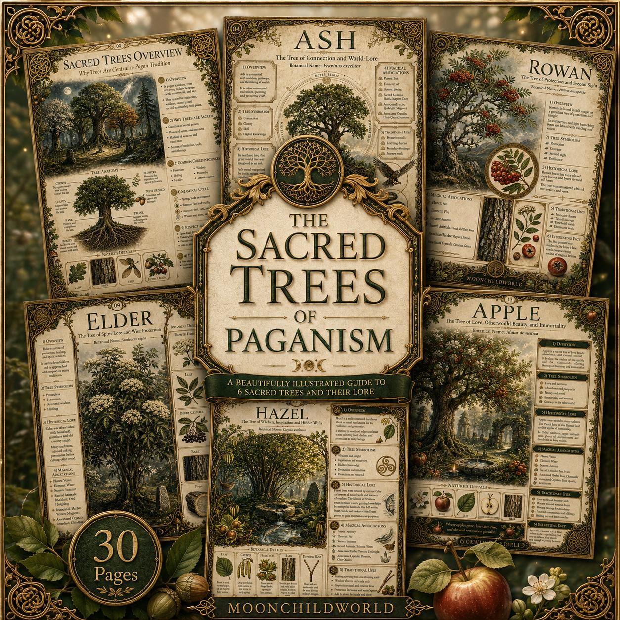 Vintage-style grimoire pages featuring botanical illustrations of sacred trees in green and gold, detailing lore and Ogham symbols.