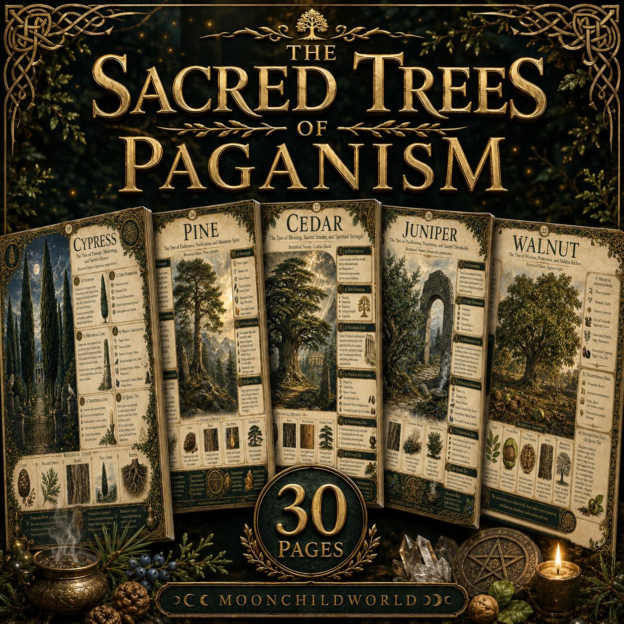 Victorian-style grimoire pages featuring sacred tree lore, Ogham symbols, and botanical illustrations in green and gold.