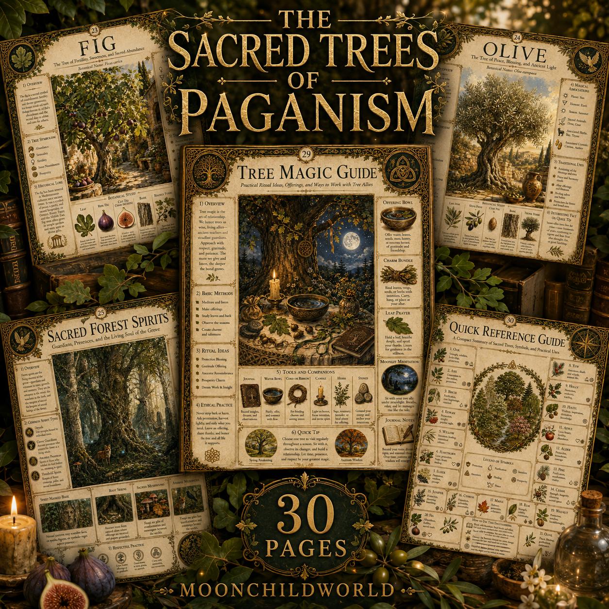 Vintage-style grimoire pages featuring botanical illustrations, Ogham symbols, and tree magic guides in green and gold.