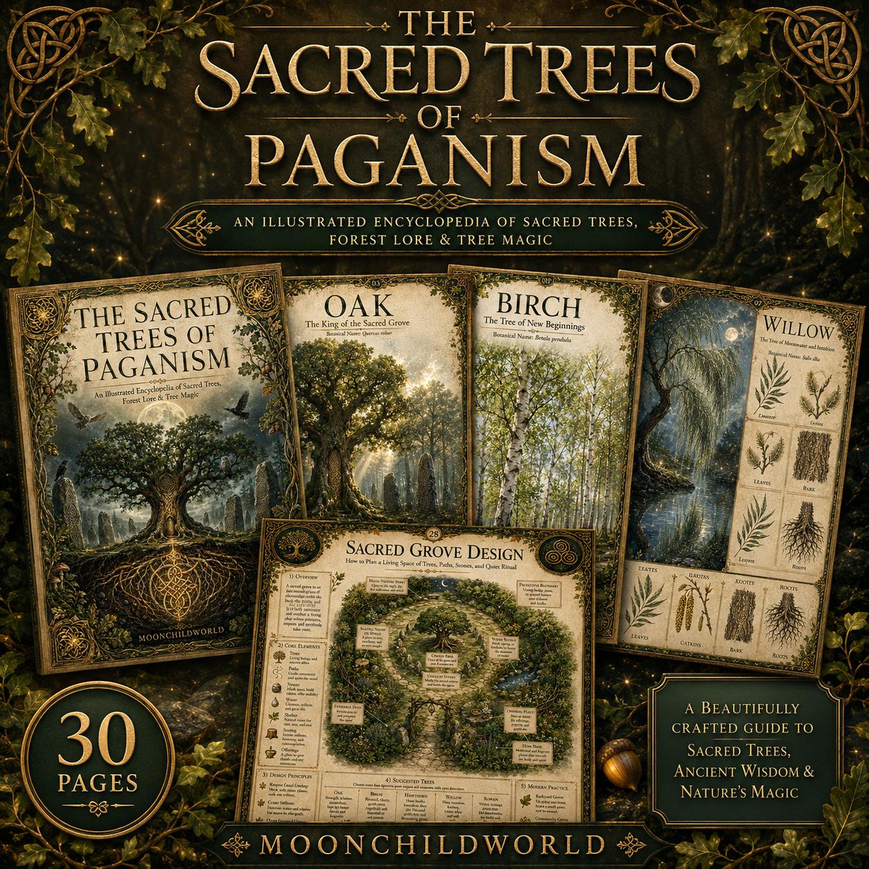 Victorian-style grimoire pages featuring green and gold illustrations of sacred trees, Ogham lore, and forest magic guides.