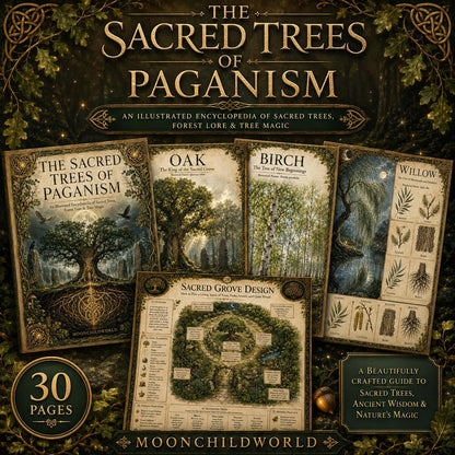 Victorian-style grimoire pages featuring green and gold illustrations of sacred trees, Ogham lore, and forest magic guides.