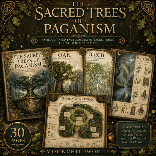 Victorian-style grimoire pages featuring green and gold illustrations of sacred trees, Ogham lore, and forest magic guides.