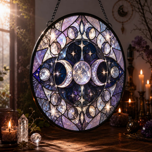 Sacred Triple Moon Altar Glass Suncatcher - hanging view