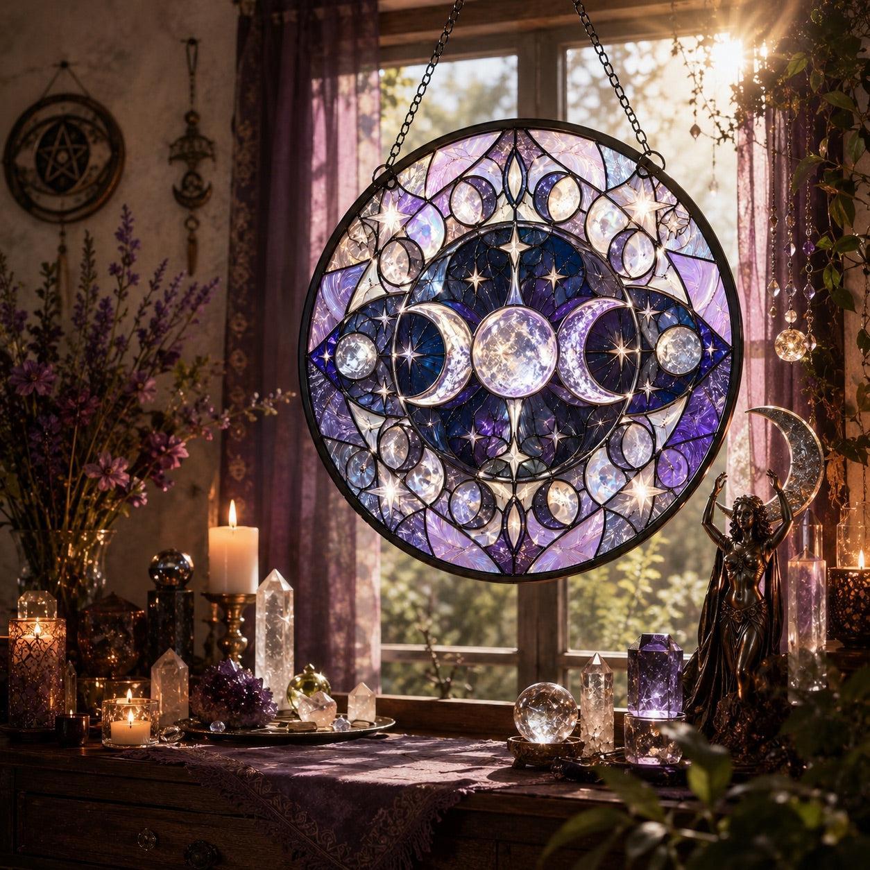 Sacred Triple Moon Altar Glass Suncatcher - sunlight glow