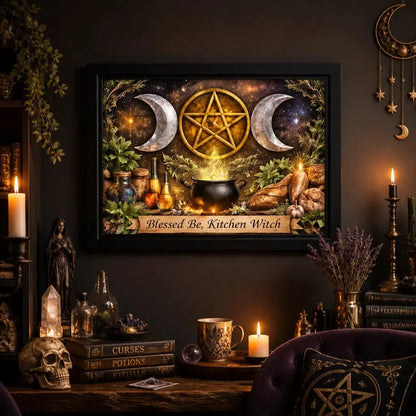 Sacred Triple Moon Wicca Wall Art - Black Framed Witchy Canvas for Pagan Home Decor_mockup_1.webp