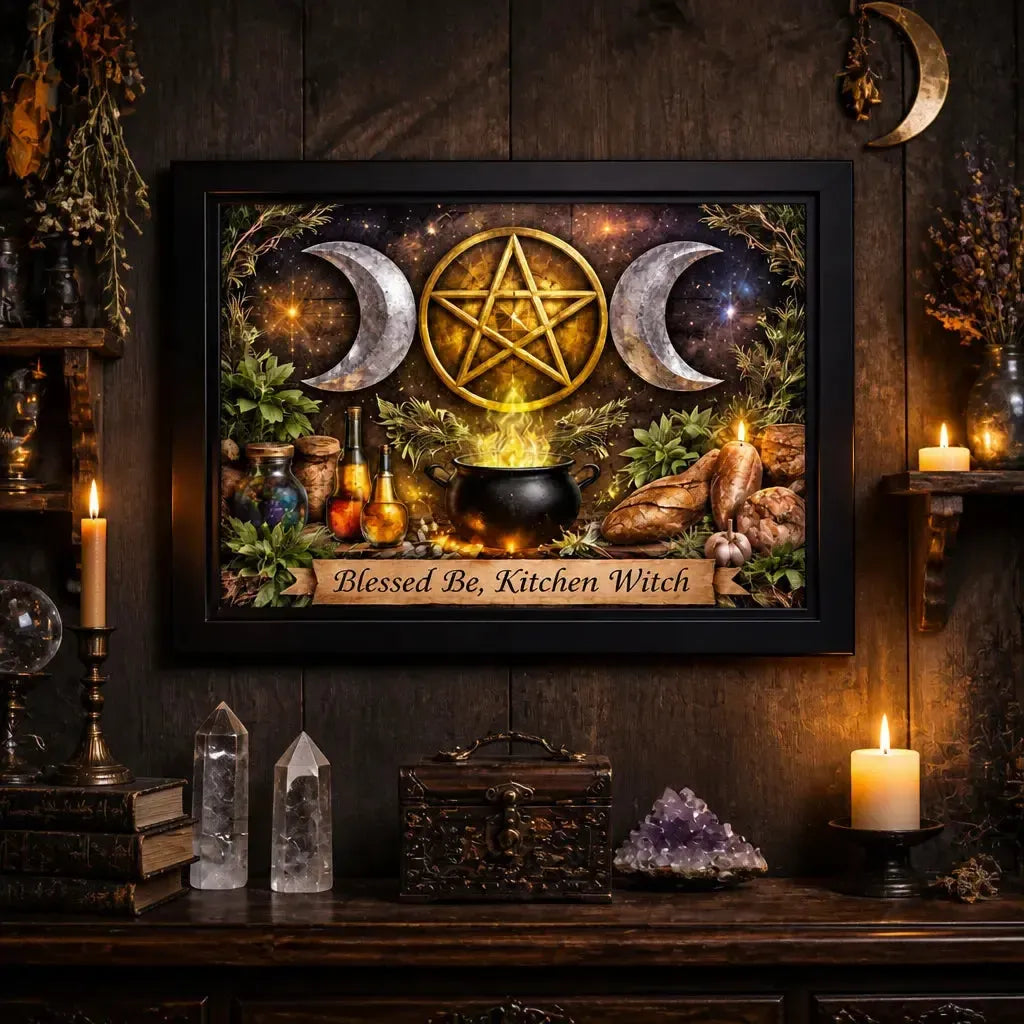 Sacred Triple Moon Wicca Wall Art - Black Framed Witchy Canvas for Pagan Home Decor_mockup_2.webp