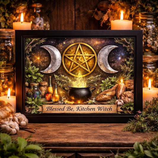 Black framed Wicca Triple Moon and Pentacle canvas art with a cauldron, bread, and "Blessed Be, Kitchen Witch" text.