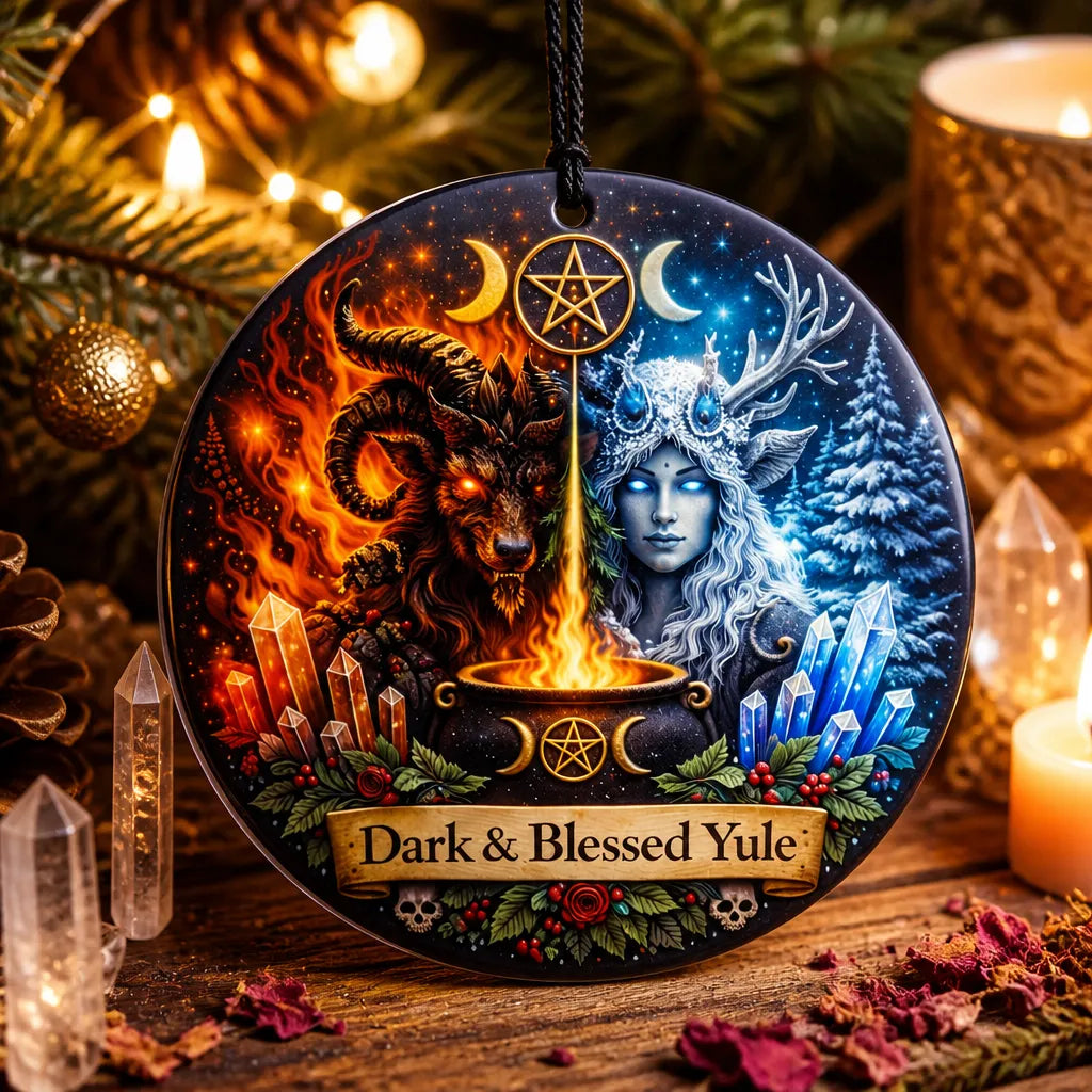 Sacred Wiccan Yule Ceramic Ornament – Dark Christmas Tree Ornament_mockup_2.webp