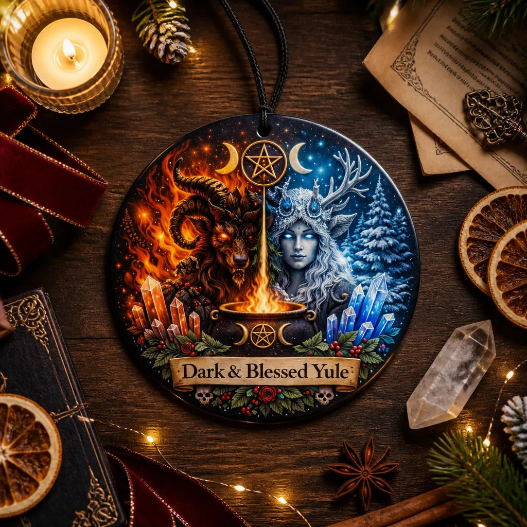Sacred Wiccan Yule Ceramic Ornament – Dark Christmas Tree Ornament_mockup_3.webp