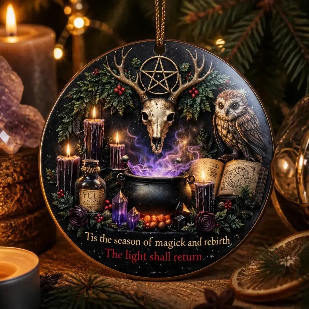 Sacred Wiccan Yule Ceramic Ornament with Pentacle Skull Deer – Pagan Ritual Tree Ornament_mockup_2.webp