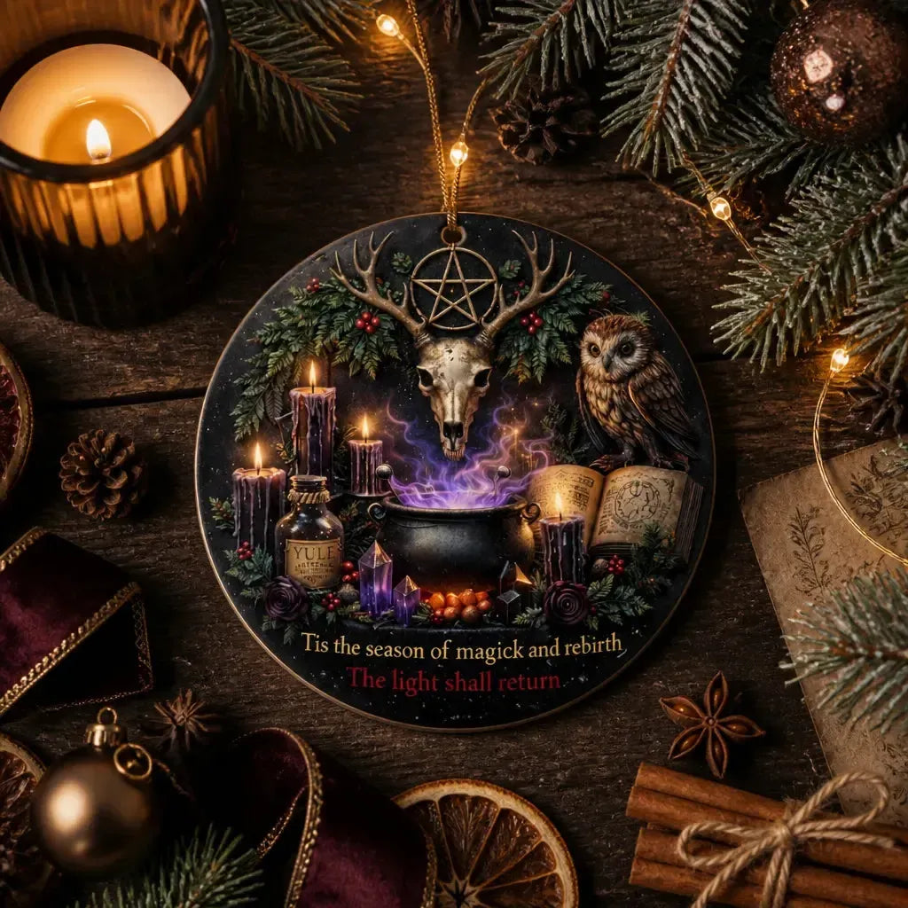 Sacred Wiccan Yule Ceramic Ornament with Pentacle Skull Deer – Pagan Ritual Tree Ornament_mockup_3.webp