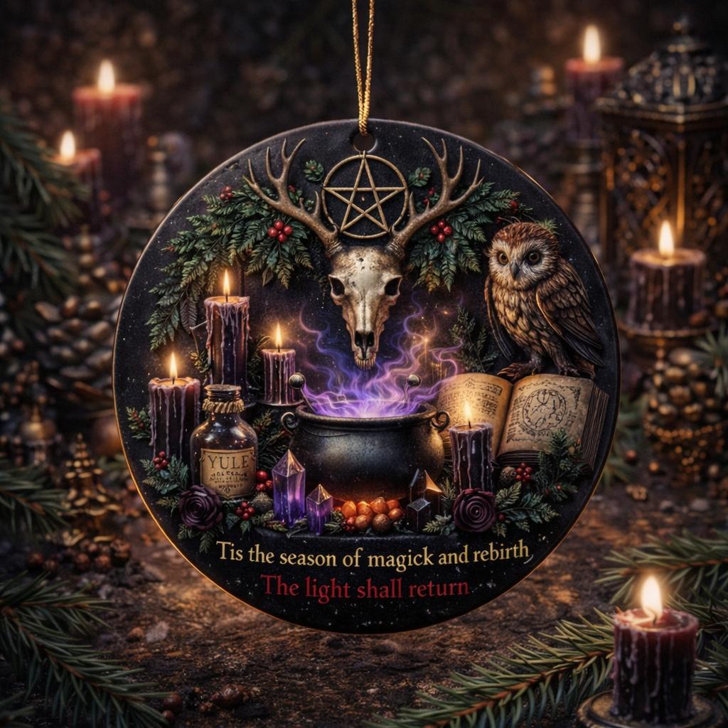 Sacred Wiccan Yule Ceramic Ornament with Pentacle Skull Deer – Pagan Ritual Tree Ornament-MoonChildWorld