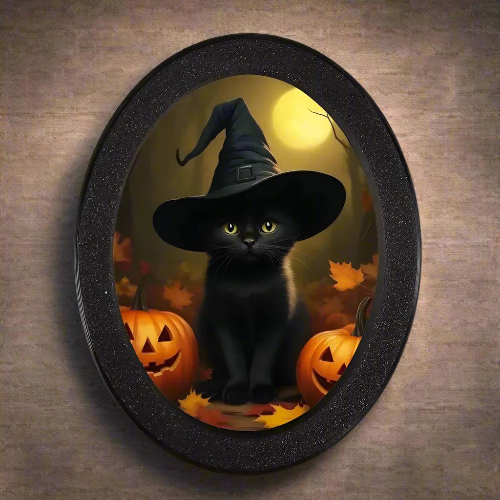 Witchy Black Cat & Pumpkin Spooky Wooden Oval Frame - Gothic Oval Wall Art - Halloween Wall Decoration-MoonChildWorld