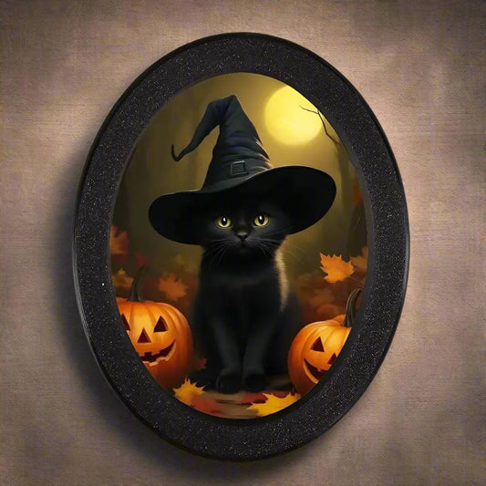 Witchy Black Cat & Pumpkin Spooky Wooden Oval Frame - Gothic Oval Wall Art - Halloween Wall Decoration