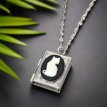 Halloween Gothic Cat Necklace - Wicca Book of Shadow Witchy Cat Goth Jewelry