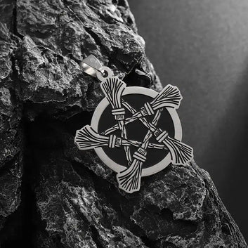 Witch Broom Pentagram Necklace Wiccan Jewelry