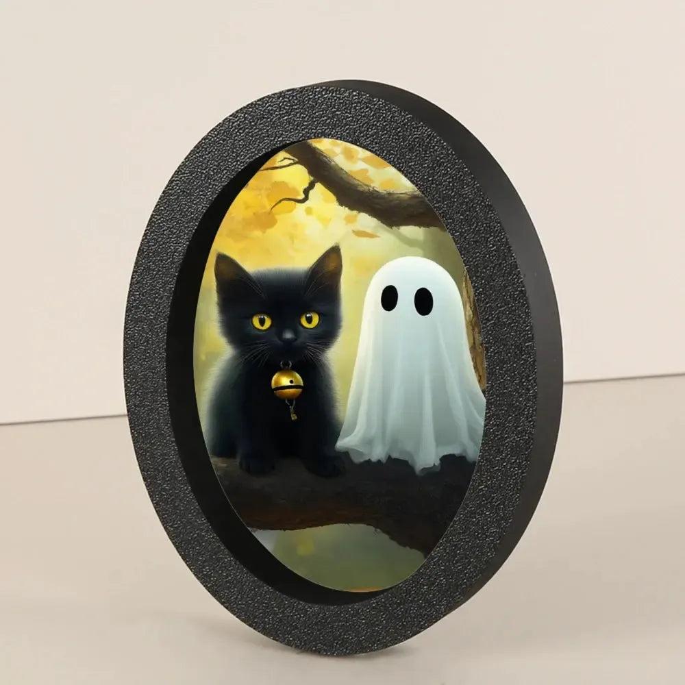 Black Cat and Spooky Ghost Gothic Wooden Oval Frame - Witchy Oval Wall Art for Halloween Wall Decoration-MoonChildWorld
