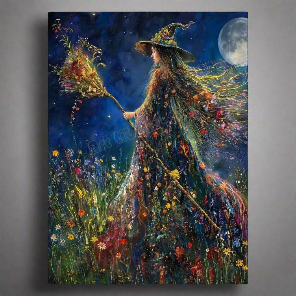 Halloween Full Moon Dark Witch in Wildflowers Mystical Witch Poster Wall Art-MoonChildWorld