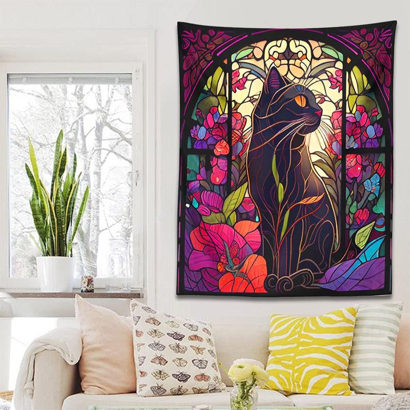 Stained Glass Mystery Cat Tapestry Witchy Wall Hanging-MoonChildWorld