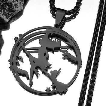 Broom Cat Gothic Witch Necklace – Witchcraft Wicca Necklace – Halloween Jewelry