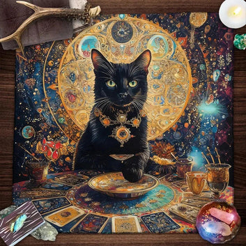 Colorful Mandala Black Cat Altar Cloth Tarot Tablecloth Witchcraft Cat & Moon Starry Sky Divination Cloth