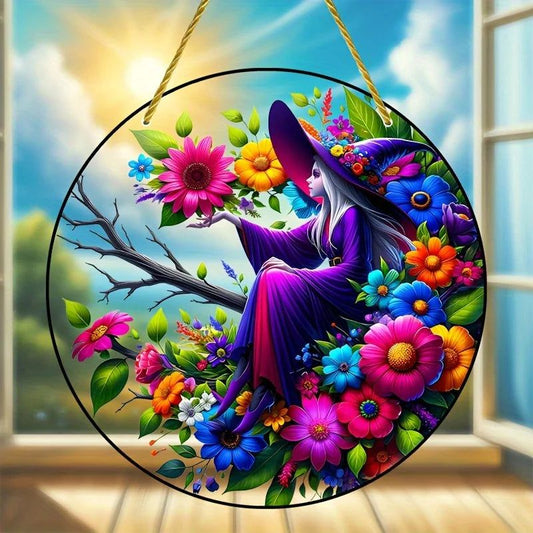 Enchanting Witch Suncatcher Mystic Acrylic Round Sign