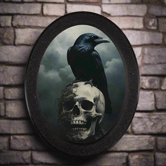 Skull Crow Retro Witchy Wall Art - Black Raven Gothic Wooden Oval Frame Halloween Wall Decoration