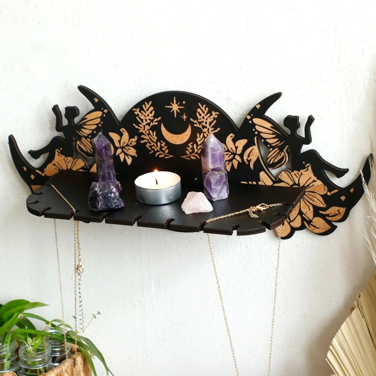 Faries Triple Moon Wall Shelf Wiccan Crystal Display Shelf - Spiritual Altar Holder for Crystals, Candles, Jewelry-MoonChildWorld