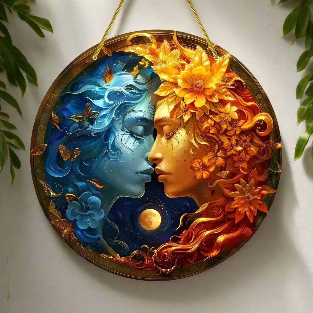 Wicca Sun and Moon Wooden Sign Celestial Goddess Hanging Sign-MoonChildWorld