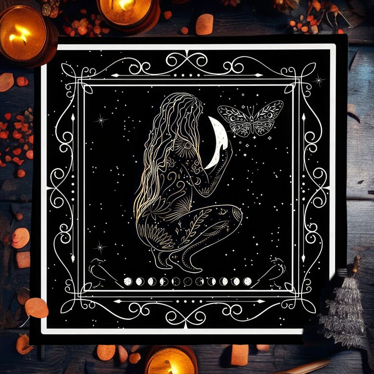 Witchy Woman Moon Phase Tarot Card Tablecloth Wicca Altar Cloths Divination Tarot Table Cloth-MoonChildWorld