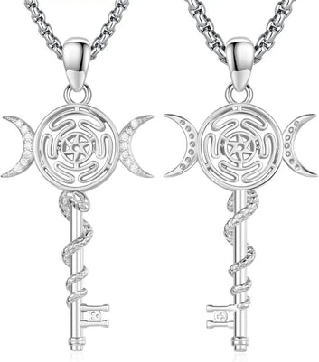 Hecate Key Necklace Hekate Triple Moon Goddess Hecate Wheel Key Pendant 925 Sterling Silver Wiccan Witchcraft Jewelry