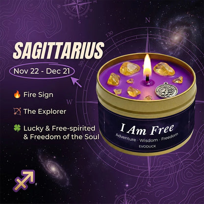 Sagittarius Zodiac Candle, Nov 22 to Dec 21, with citrine crystals in wax - Fire Sign, The Explorer, Lucky and Free-Spirited