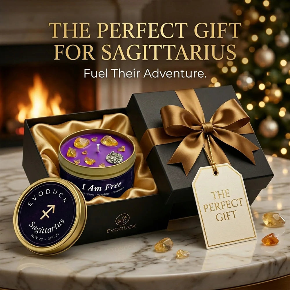 Sagittarius Candle gift box with gold ribbon and gift tag by a fireplace - The Perfect Gift for Sagittarius, Fuel Their Adventure