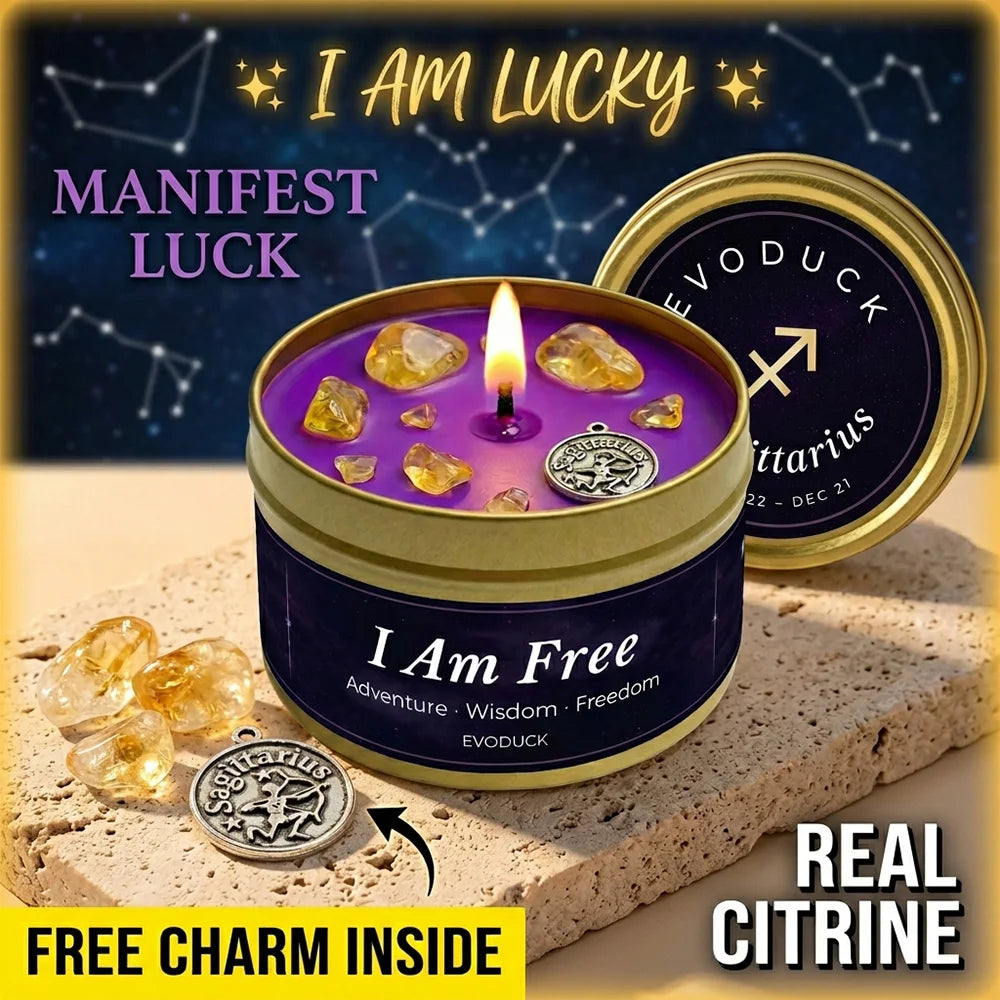Sagittarius Zodiac Candle I Am Free with citrine crystals and Sagittarius charm - Manifest Luck, Real Citrine, Free Charm Inside
