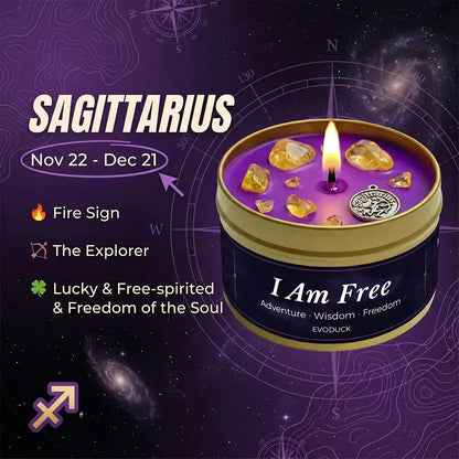 Sagittarius Zodiac Candle, Nov 22 to Dec 21, with citrine crystals in wax - Fire Sign, The Explorer, Lucky and Free-Spirited