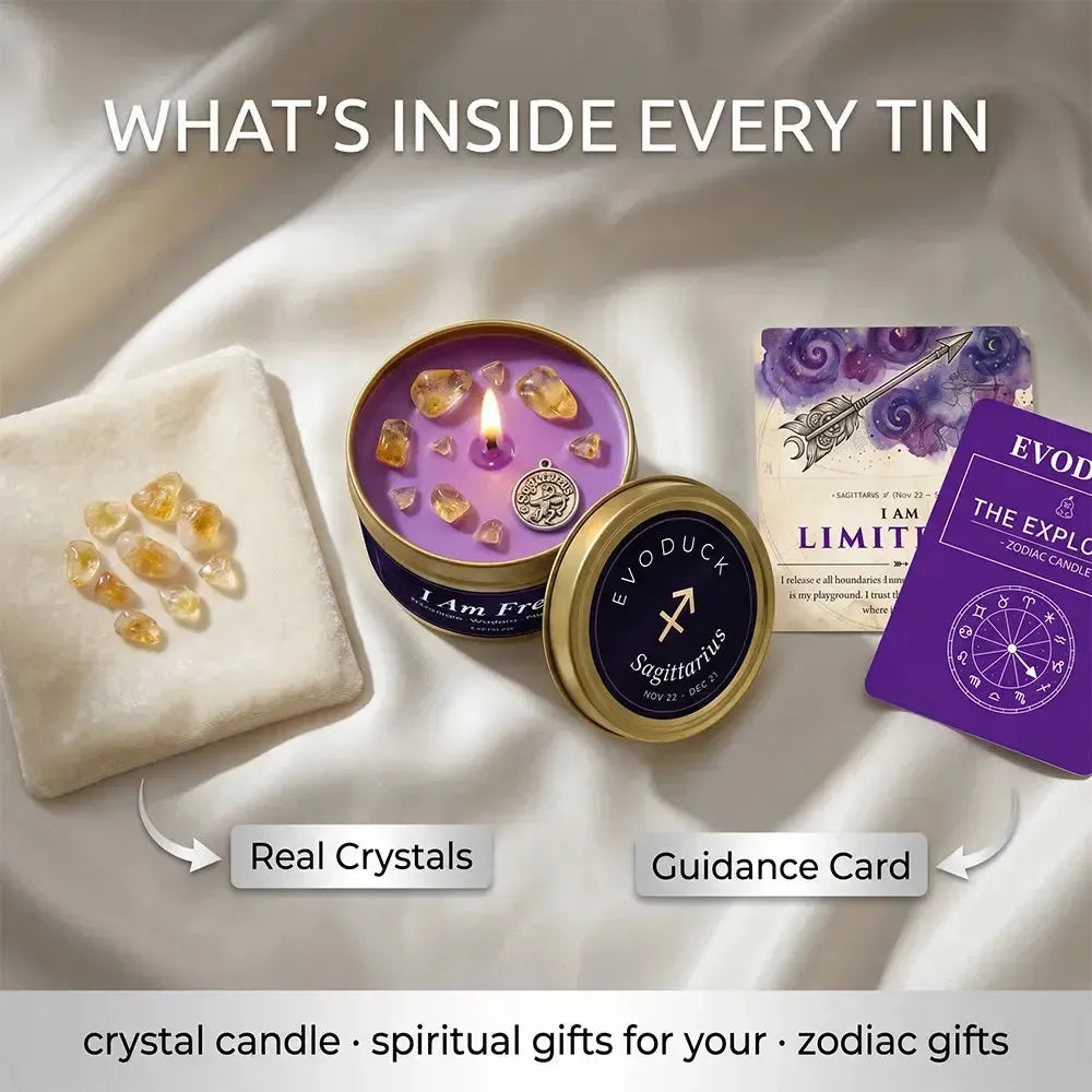 What's Inside Every Tin - Sagittarius Candle with real citrine crystals and I Am Limitless, The Explorer guidance card