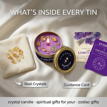 What's Inside Every Tin - Sagittarius Candle with real citrine crystals and I Am Limitless, The Explorer guidance card