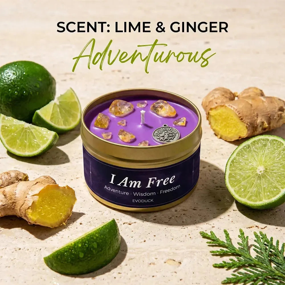 Sagittarius Candle I Am Free with fresh lime slices and ginger root - Scent Lime and Ginger, Adventurous