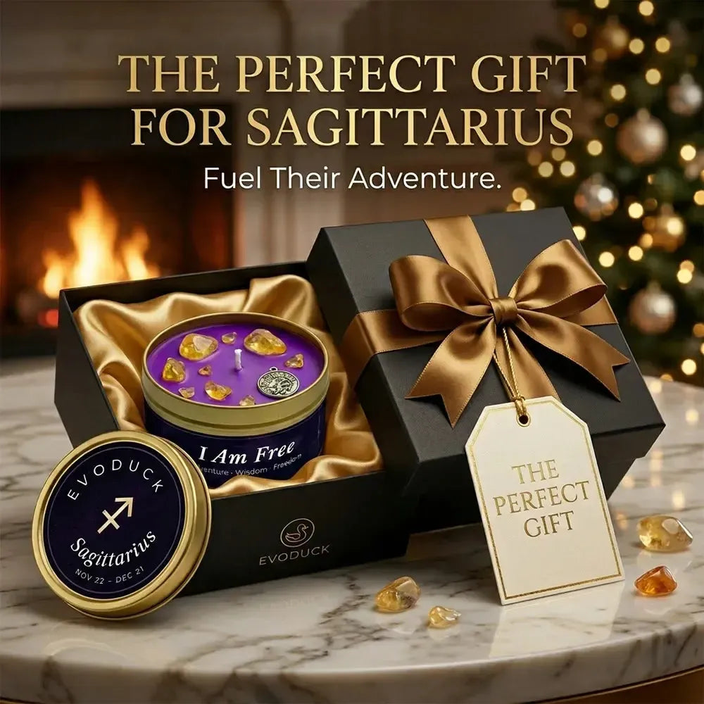 Sagittarius Candle gift box with gold ribbon and gift tag by a fireplace - The Perfect Gift for Sagittarius, Fuel Their Adventure