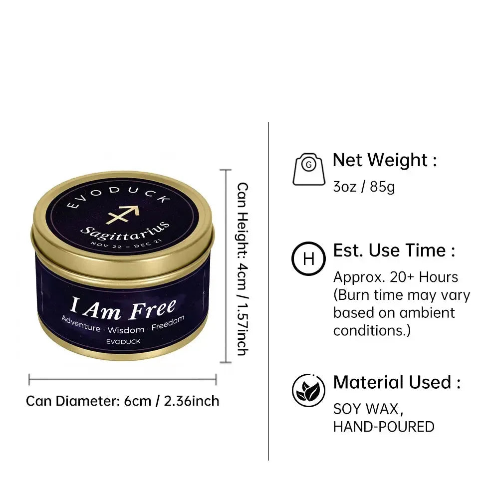 Sagittarius Candle size specifications infographic - 3oz soy wax candle, 20 hour burn time, hand-poured