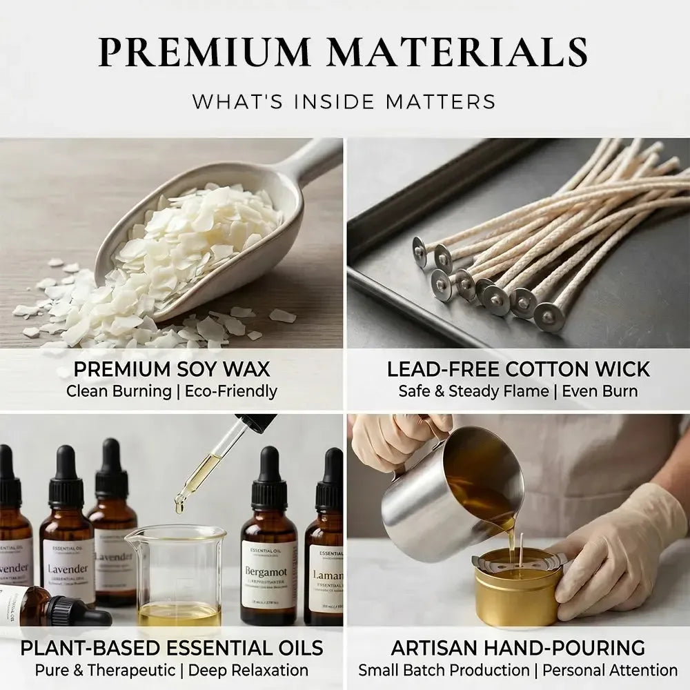Premium Materials infographic - premium soy wax, lead-free cotton wick, plant-based essential oils and artisan hand-pouring process
